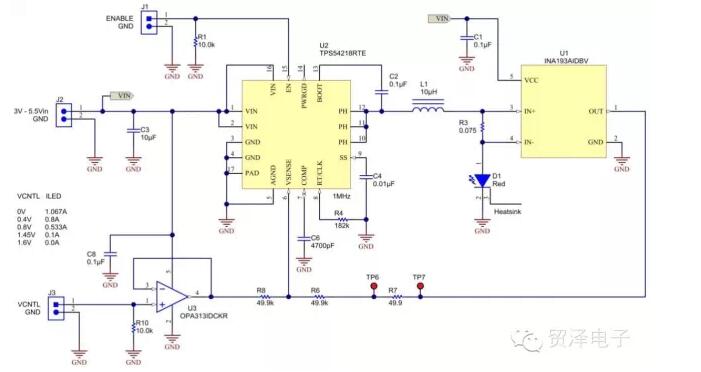 “图1配置为调节LED中恒定电流的同步降压转换器。”