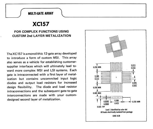 “图1：如1968版摩托罗拉半导体数据书册上描述的摩托罗拉XC157”多门阵列”感谢：Jason