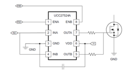 图2：串联输出UCC27524A以使双驱动电流能力翻番