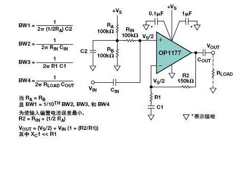 “图12.单电源同相输入放大器电路正确的电源退耦方案。中频增益=1+R2/R1”