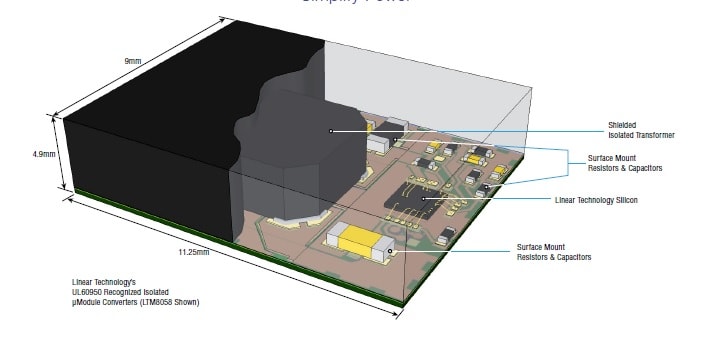 “图3：每个μModule单元都包括必要的电感、MOSFET、稳压器IC以及所有支持的组件，它是一个高度集成的封装单元（来源：凌力尔特）”