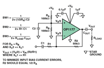 “图13.单电源反相输入放大器正确的退耦电路，中频增益=-R2/R1