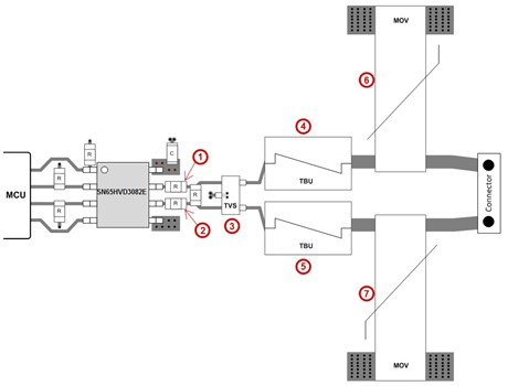 “图2：采用离散式解决方案保护RS-485收发器，最多需要7个额外组件”