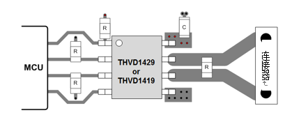 “图3：采用THVD1429或THVD1419的集成解决方案（2.5kV浪涌保护）”