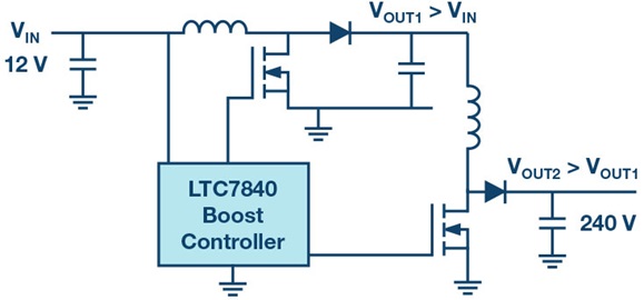 “图3.用于从低输入电压生成极高输出电压的两级式概念。”