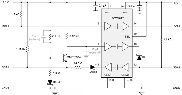 “图3：采用ISOW7842的信号和电源隔离I2C解决方案”