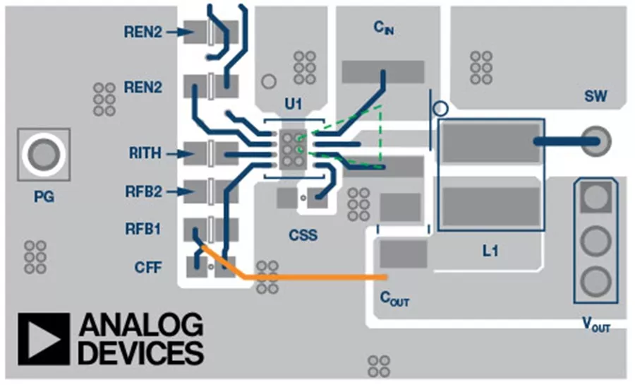 “图2：带有线圈安放位置的ADP2360降压转换器的示例电路”