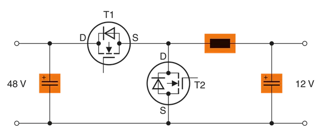 “图2：12V/48V组合系统的降压-升压转换器电路图（资料来源：TDK）”