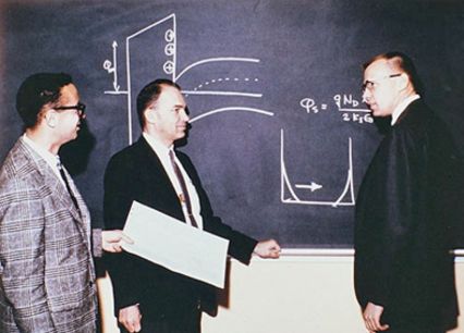 图34：1966年Andy Grove，Bruce Deal和Ed Snow在Fairchild Palo Alto研发实验室讨论MOS技术