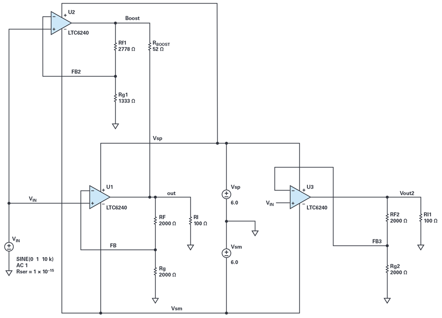 “图12：增强型放大器与独立放大器的模拟设置”