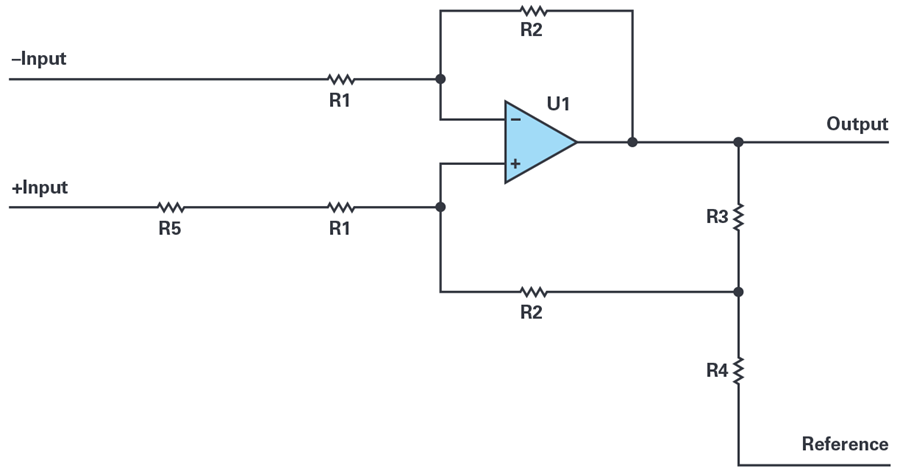 “图3：四电阻固定增益差分放大器：增益调整”