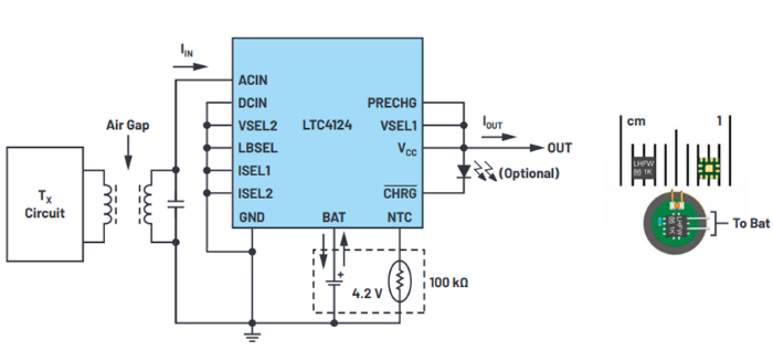 “图3：在6mm应用电路板上使用LTC4124的完整无线电池充电器解决方案”