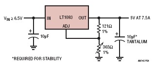 “图4.集成式线性稳压器示例：只有3个引脚的7.5A线性稳压器