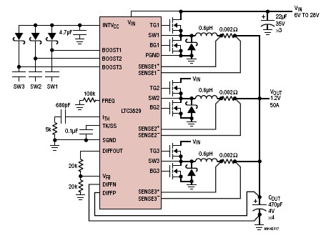 “图17.使用LTC3829的3相、单路VO高电流降压转换器
