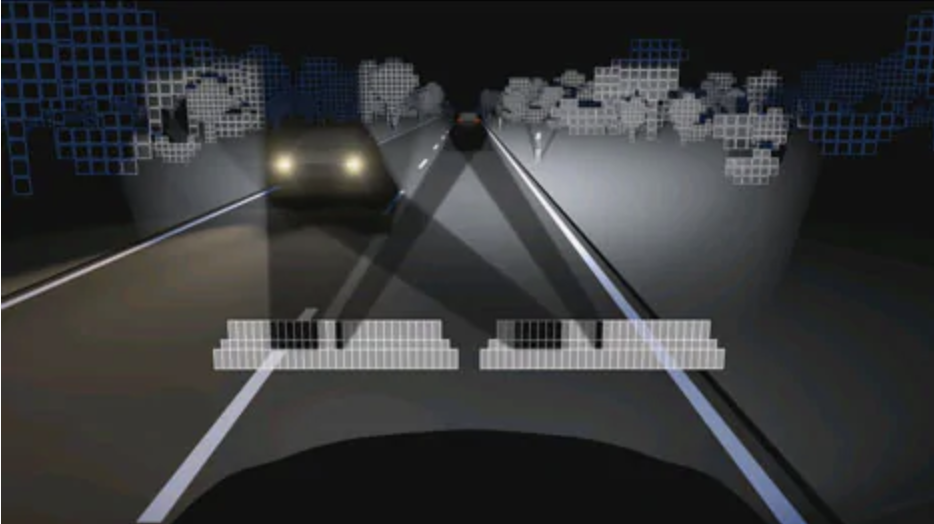 “图2：梅赛德斯的多光束LED前照灯跟踪迎面而来的车辆，并在车辆经过时动态调暗相应的LED灯（图源：Daimler）”