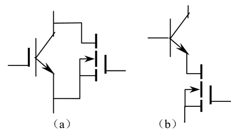 “图3：提高功率开关频率（a）IGBT与MOSFET并联（b）BJT与MOSFET串联"
